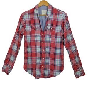 Abercrombie Womens Button Up Shirt Small Red Green Plaid Long Sleeve Casual Top